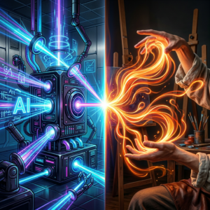 A machine emitting blue AI energy beams connecting to human hands creating fiery orange light patterns